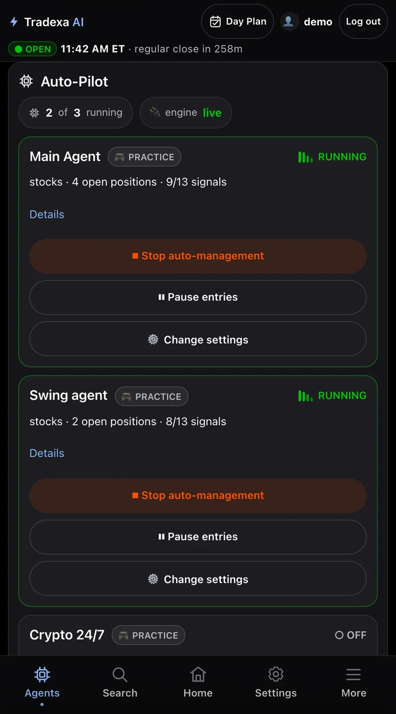 The Agents screen, sample data: Auto-Pilot, 2 of 3 running, engine live; Main Agent and Swing agent cards labelled PRACTICE and RUNNING with their open positions and 9 of 13 and 8 of 13 signals, each with Stop auto-management, Pause entries and Change settings buttons; Crypto 24/7 labelled PRACTICE and OFF.