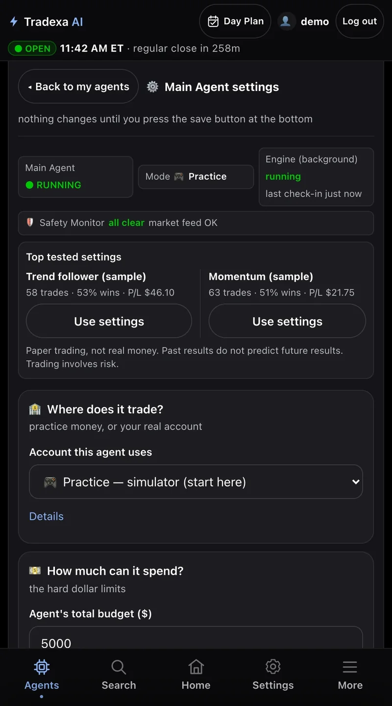 The agent setup editor, sample data: Main Agent settings with status pills (RUNNING, Mode Practice, Engine running), Safety Monitor all clear, Top tested settings with two sample setups, Where does it trade? set to Practice — simulator, and How much can it spend? with a $5,000 total budget.