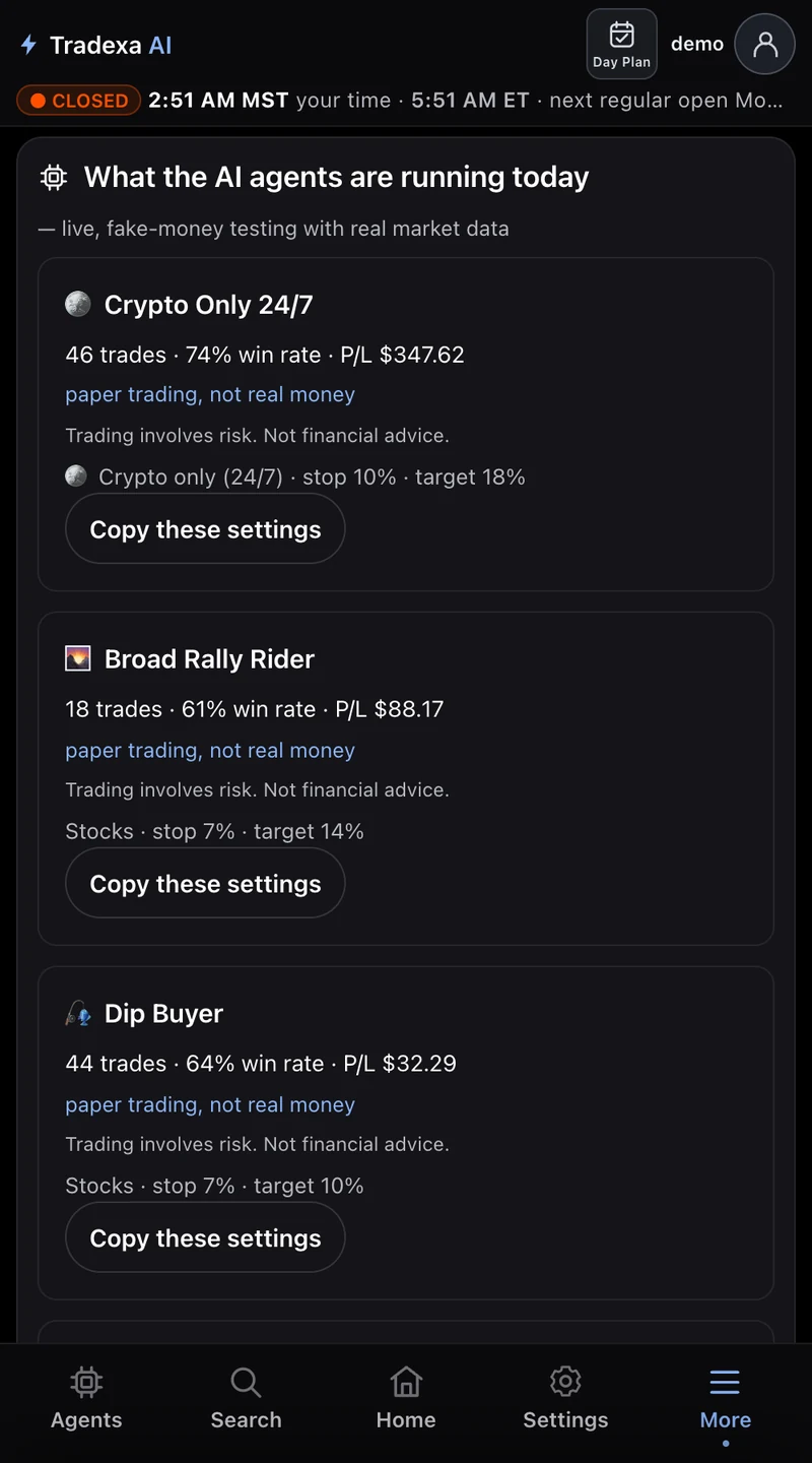 Tradexa AI Best Setups: Crypto Only 24/7, 74% rounded win rate and $347.62 total simulated P/L. Selected recorded result, including open positions, September 26, 2026.