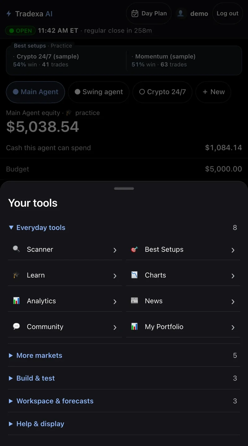 The More sheet, Your tools: Everyday tools (Scanner, Best Setups, Learn, Charts, Analytics, News, Community, My Portfolio), More markets, Build and test, Workspace and forecasts, Help and display, over the dimmed Home screen.