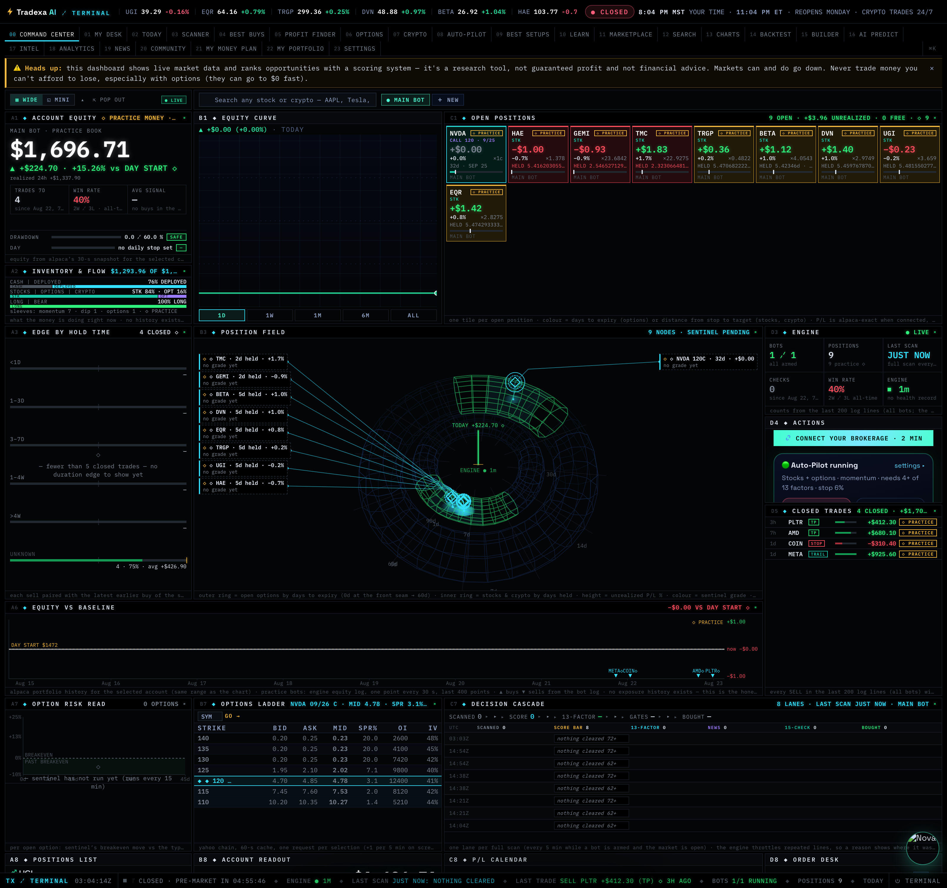 The Tradexa Terminal board — account equity readout, open-position tiles, 3D position field, engine panel and live status ticker, captured on a practice account with ◇ PRACTICE labels visible