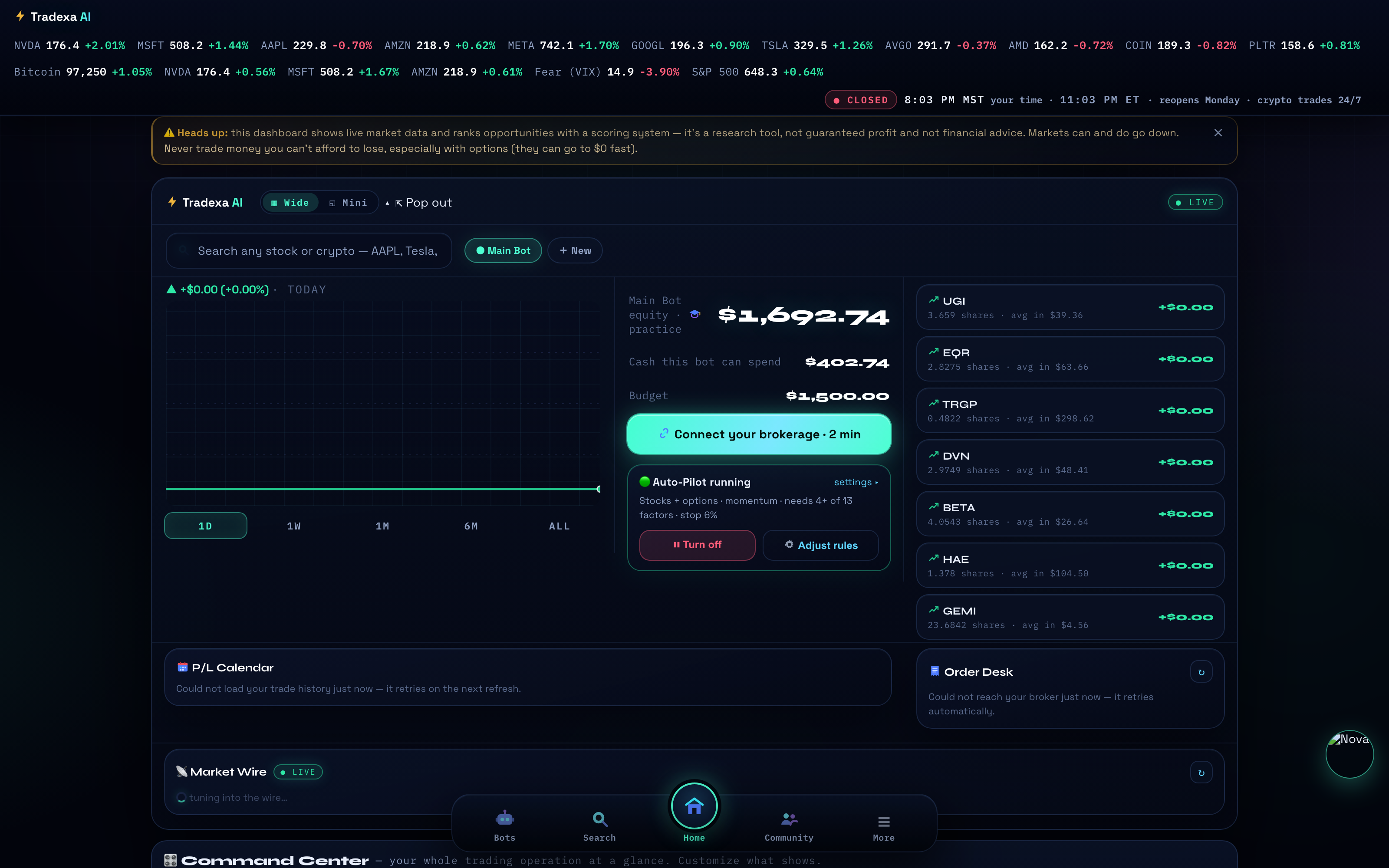 The classic Tradexa dashboard in the new Organism skin — equity, Auto-Pilot controls and open positions on a practice account